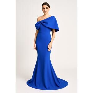 Elegant Royal Blue Coquette Off-Shoulder Bow Mermaid Formal Gown Small Detail